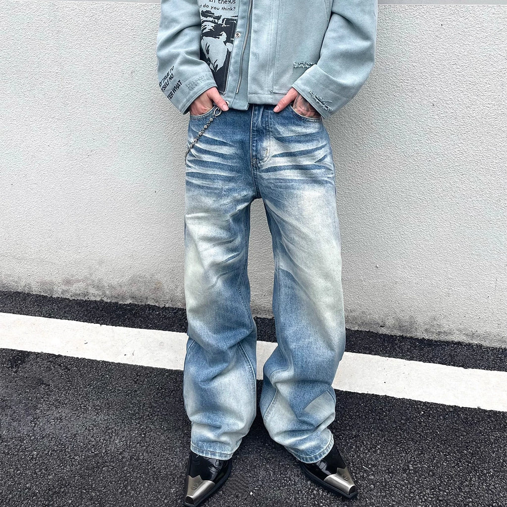 NIETPXFO Washed Distressed Cream Mustache Honeycomb Loose Straight A-line Jeans Fighting Bull King